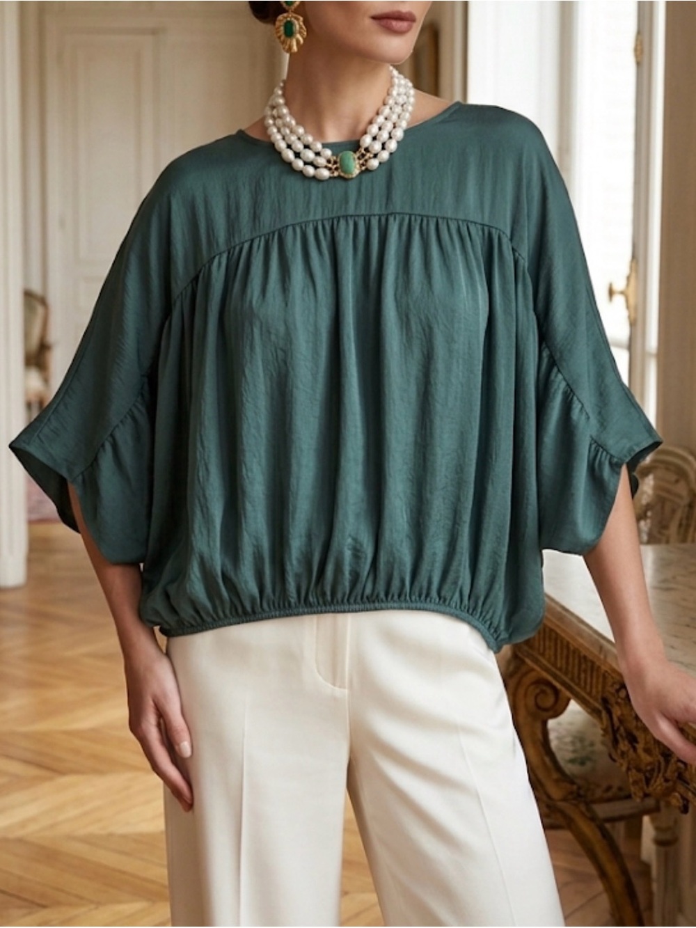 Oddi Dark Teal Textured Dolman‎ Sleeve Bubble Hem Blouse Top T64350 S/M